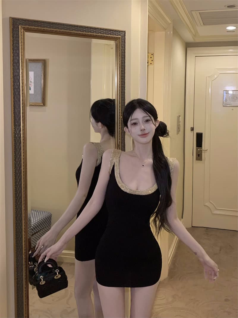한국 품격 명문 여성 홍콩 스타일 u 칼라 슬립 얼음 실크 드레스 작은 키 심장 기계 나이트 클럽 핫걸 바람 조끼 스커트 상세 이미지 10