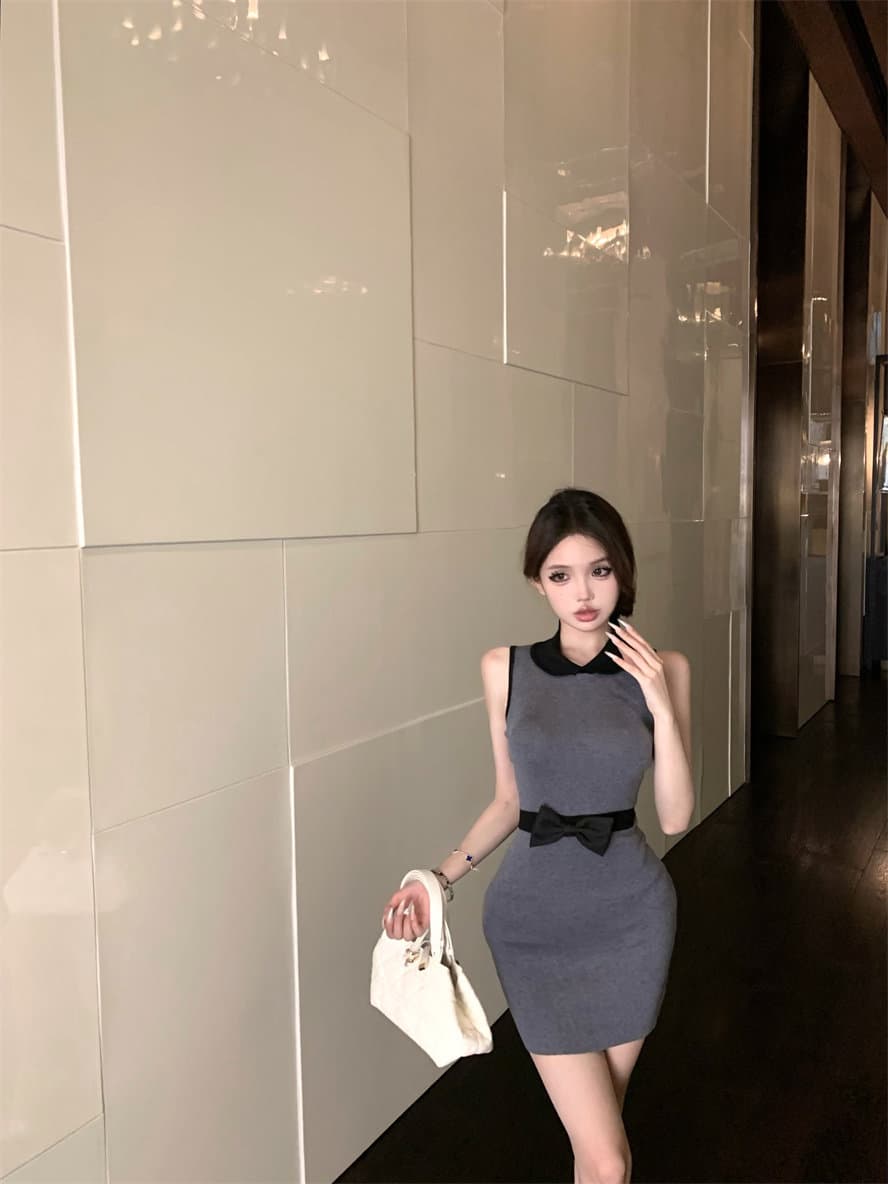 한국 polo 나비 매듭 작은 샤넬 스타일 베이비 칼라 얼음 실크 여성 드레스 여름 프랑스식 순수한 욕망 섹시함 ol 타이트 스커트 상세 이미지 8