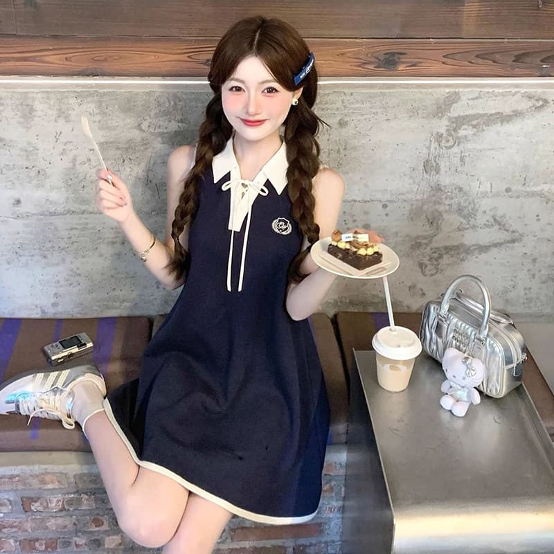 한국 학생 학원 작은 샤넬 스타일 달콤함 연령 감소 자수 POLO 칼라 얼음 실크 드레스 작은 키 루즈핏 표지 배 이미지 5