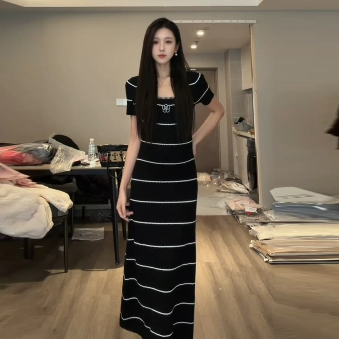 한국 출산 착용 여름 만나는 미니멀리즘 검정색 u 칼라 민소매 조끼 얼음 실크 드레스 슬림해 보이는 빅 사이즈 롱 스커트 상세 이미지 19