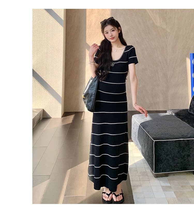 한국 출산 착용 여름 만나는 미니멀리즘 검정색 u 칼라 민소매 조끼 얼음 실크 드레스 슬림해 보이는 빅 사이즈 롱 스커트 상세 이미지 31