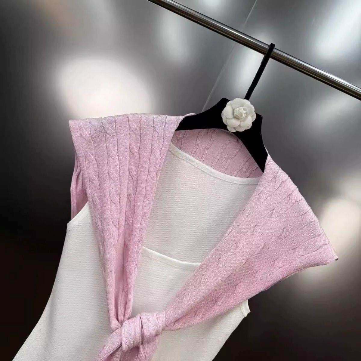 작은 샤넬 스타일 민소매 조끼 얼음 실크 여성 드레스 여름 ol 품격 몸매 가꾸기 슬림해 보이는 허리 수축 니트 숄 투피스 세트 상세 이미지 12