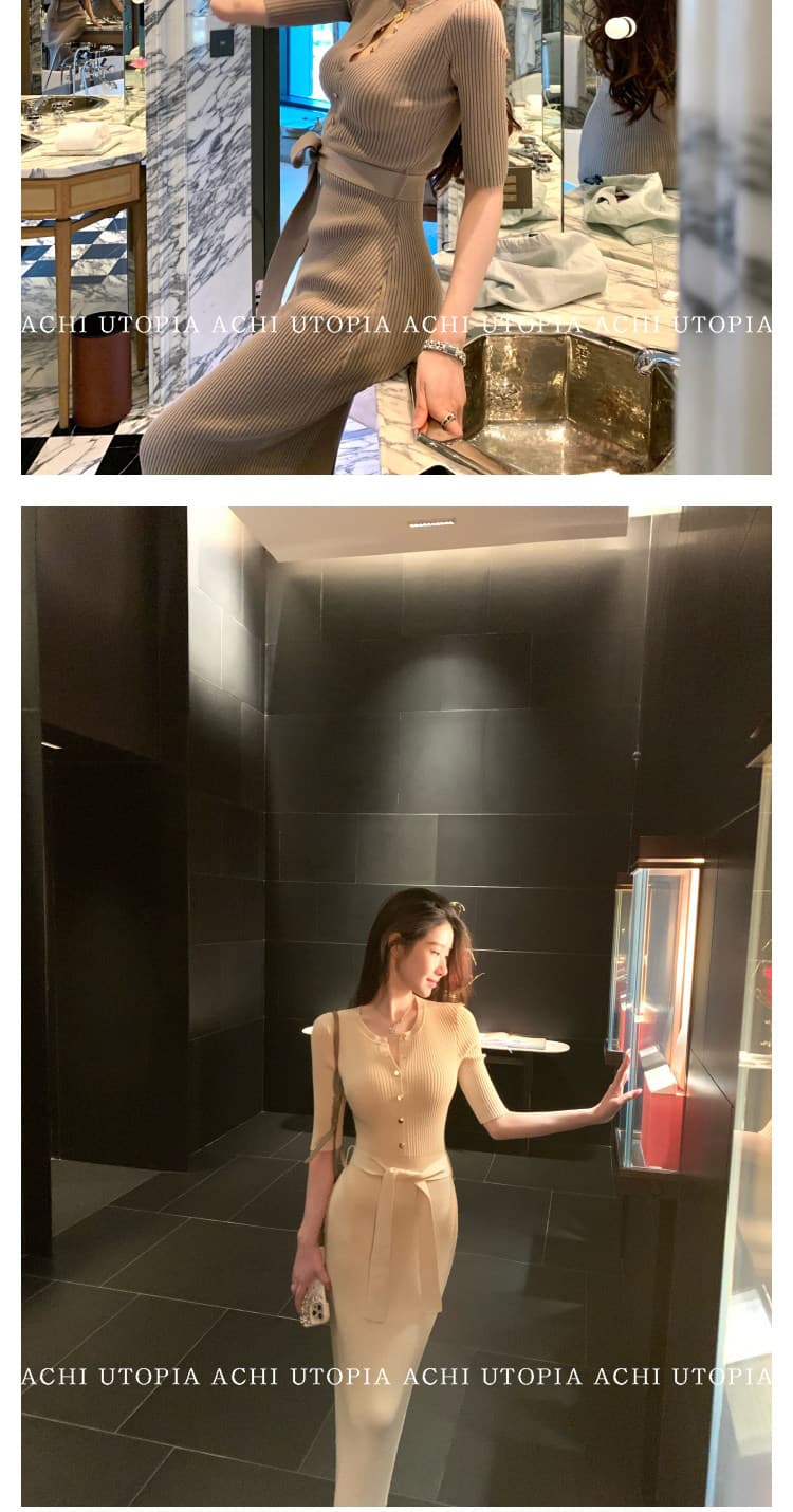 achi 대 또한 수영장 파란색 반 개방 칼라 레이스업 니트 여성 드레스 중간 소매 허리 수축 치마 몸매 가꾸기 수직 구덩이 기사 롱 스커트 상세 이미지 35
