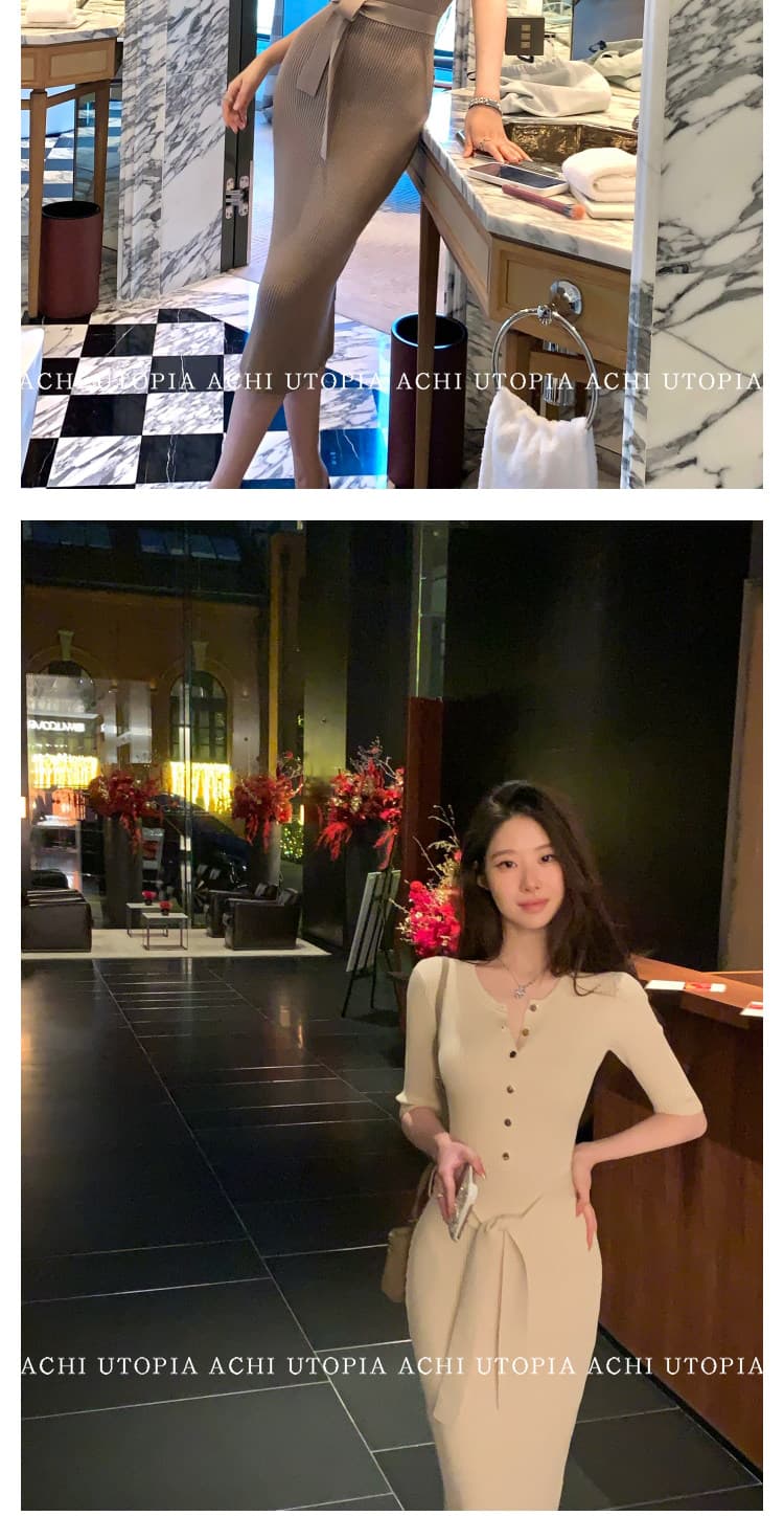 achi 대 또한 수영장 파란색 반 개방 칼라 레이스업 니트 여성 드레스 중간 소매 허리 수축 치마 몸매 가꾸기 수직 구덩이 기사 롱 스커트 상세 이미지 51