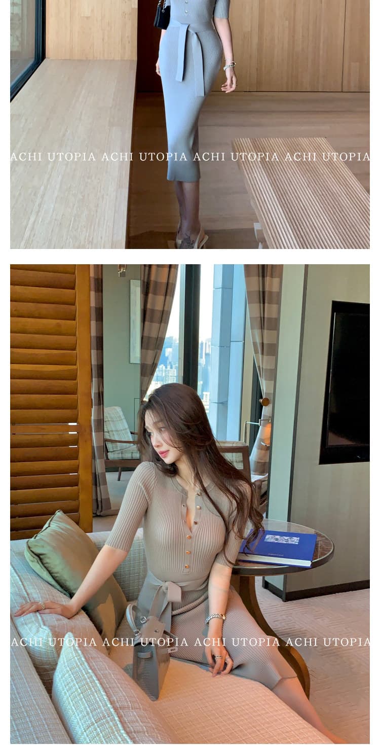 achi 대 또한 수영장 파란색 반 개방 칼라 레이스업 니트 여성 드레스 중간 소매 허리 수축 치마 몸매 가꾸기 수직 구덩이 기사 롱 스커트 상세 이미지 63