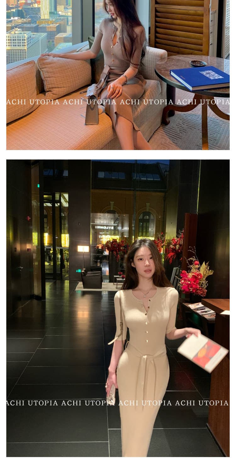 achi 대 또한 수영장 파란색 반 개방 칼라 레이스업 니트 여성 드레스 중간 소매 허리 수축 치마 몸매 가꾸기 수직 구덩이 기사 롱 스커트 상세 이미지 67