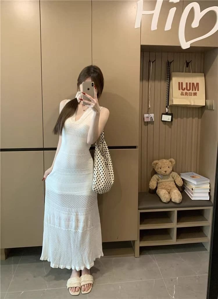 kumikumi 순수한 욕망 바람 섹시함 V넥 홀로우 아웃 조끼 얼음 실크 여성 드레스 여름 몸매 가꾸기 슬림해 보이는 ol 타이트 스커트 상세 이미지 6