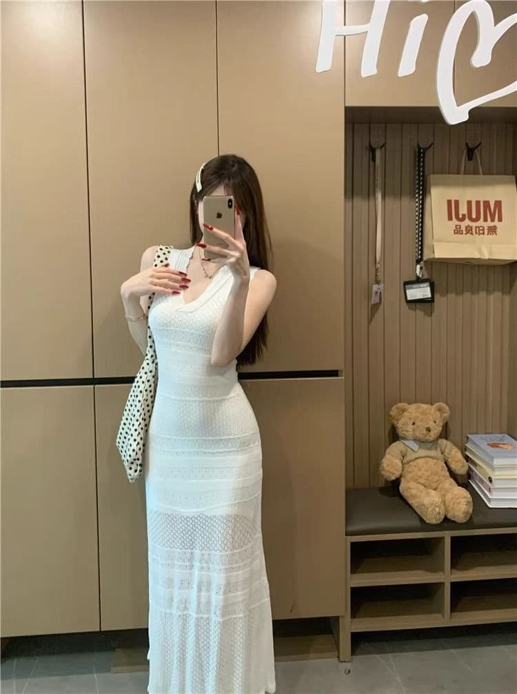 kumikumi 순수한 욕망 바람 섹시함 V넥 홀로우 아웃 조끼 얼음 실크 여성 드레스 여름 몸매 가꾸기 슬림해 보이는 ol 타이트 스커트 상세 이미지 7