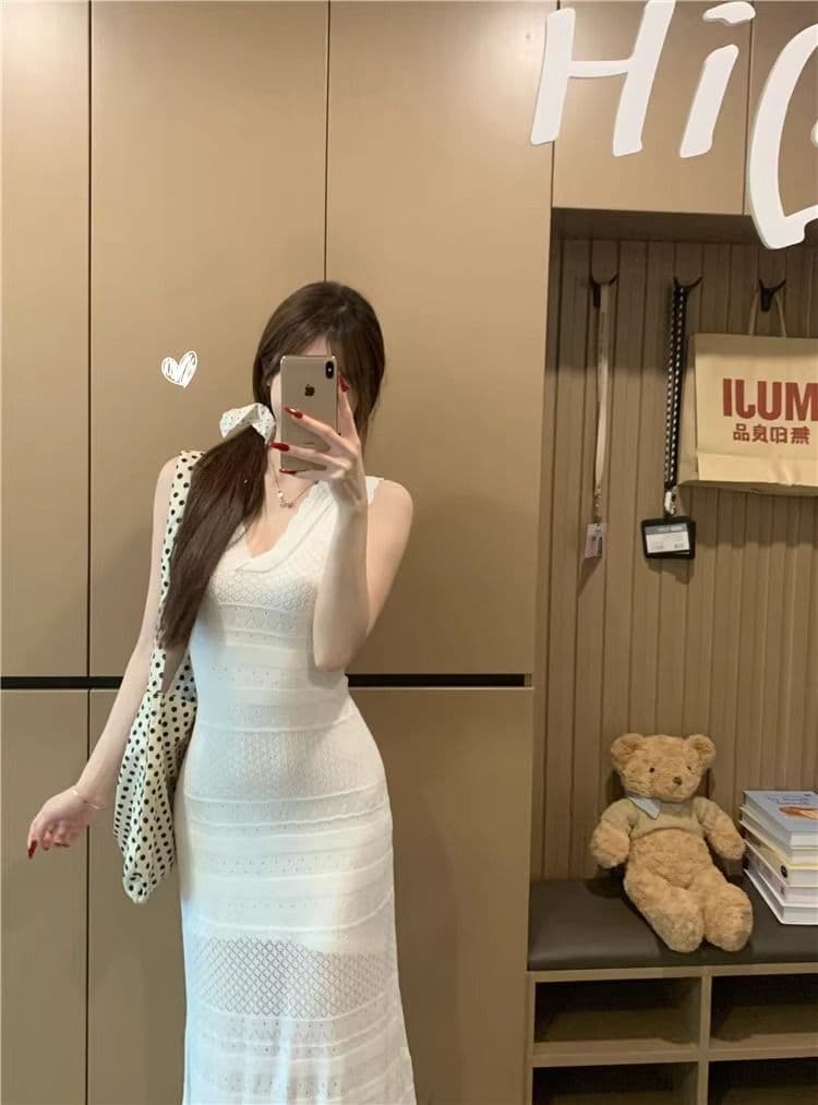 kumikumi 순수한 욕망 바람 섹시함 V넥 홀로우 아웃 조끼 얼음 실크 여성 드레스 여름 몸매 가꾸기 슬림해 보이는 ol 타이트 스커트 상세 이미지 8
