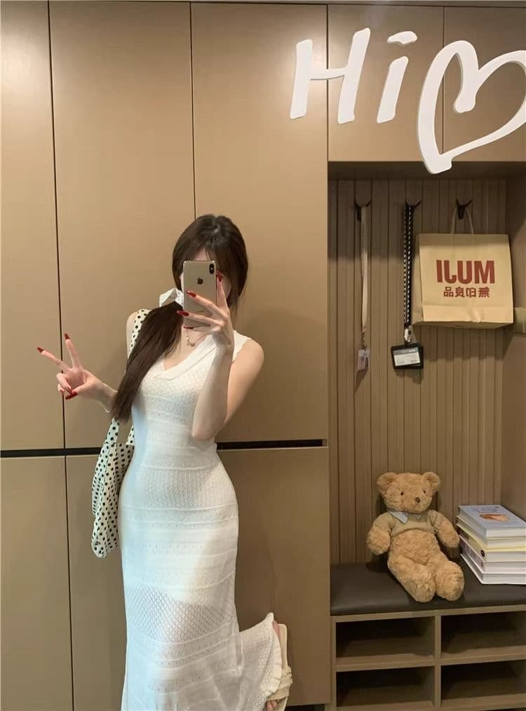 kumikumi 순수한 욕망 바람 섹시함 V넥 홀로우 아웃 조끼 얼음 실크 여성 드레스 여름 몸매 가꾸기 슬림해 보이는 ol 타이트 스커트 상세 이미지 9
