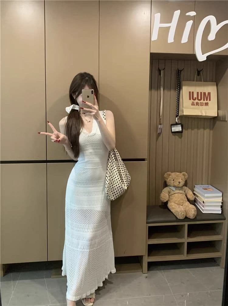 kumikumi 순수한 욕망 바람 섹시함 V넥 홀로우 아웃 조끼 얼음 실크 여성 드레스 여름 몸매 가꾸기 슬림해 보이는 ol 타이트 스커트 상세 이미지 10