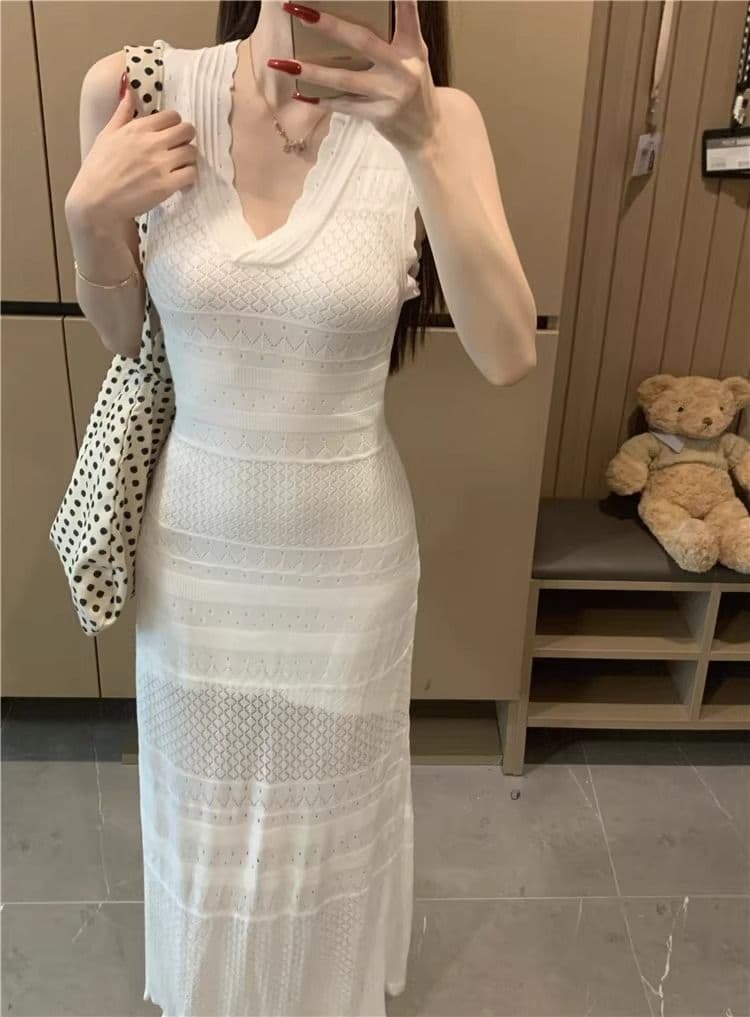 kumikumi 순수한 욕망 바람 섹시함 V넥 홀로우 아웃 조끼 얼음 실크 여성 드레스 여름 몸매 가꾸기 슬림해 보이는 ol 타이트 스커트 상세 이미지 12