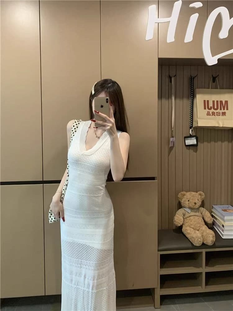 kumikumi 순수한 욕망 바람 섹시함 V넥 홀로우 아웃 조끼 얼음 실크 여성 드레스 여름 몸매 가꾸기 슬림해 보이는 ol 타이트 스커트 상세 이미지 13