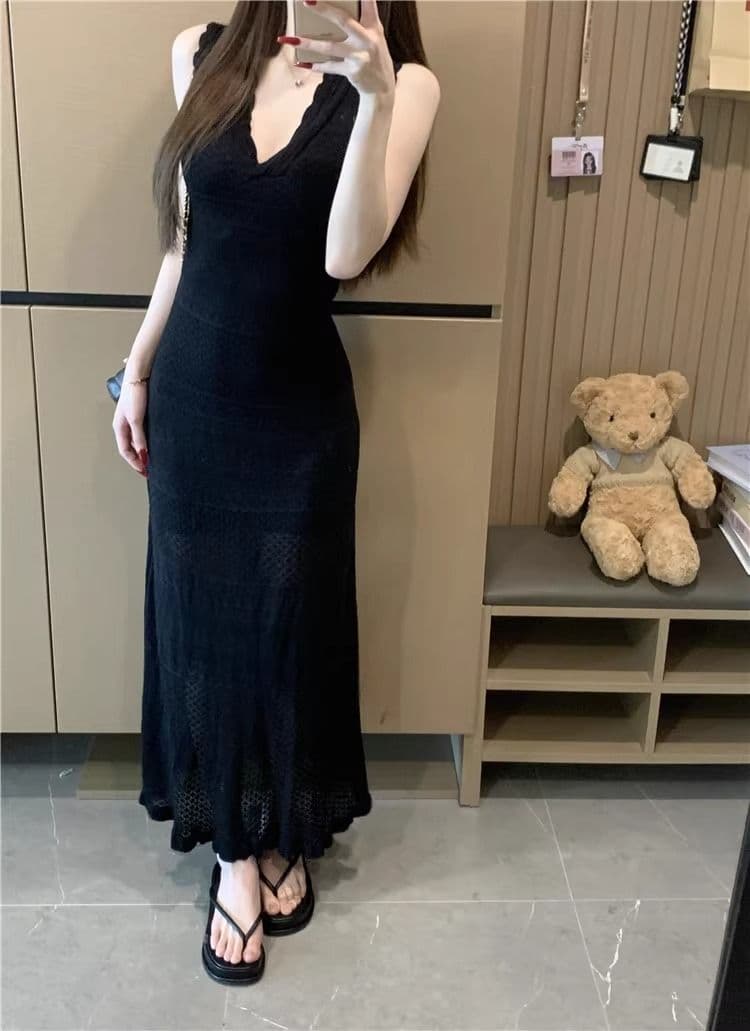 kumikumi 순수한 욕망 바람 섹시함 V넥 홀로우 아웃 조끼 얼음 실크 여성 드레스 여름 몸매 가꾸기 슬림해 보이는 ol 타이트 스커트 상세 이미지 14