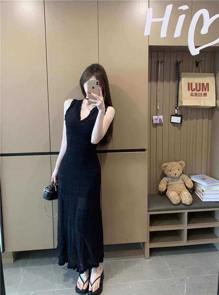 kumikumi 순수한 욕망 바람 섹시함 V넥 홀로우 아웃 조끼 얼음 실크 여성 드레스 여름 몸매 가꾸기 슬림해 보이는 ol 타이트 스커트 상세 이미지 15