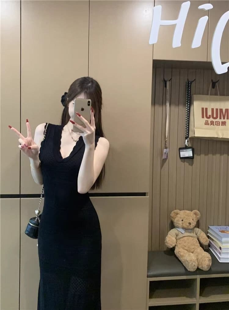 kumikumi 순수한 욕망 바람 섹시함 V넥 홀로우 아웃 조끼 얼음 실크 여성 드레스 여름 몸매 가꾸기 슬림해 보이는 ol 타이트 스커트 상세 이미지 17