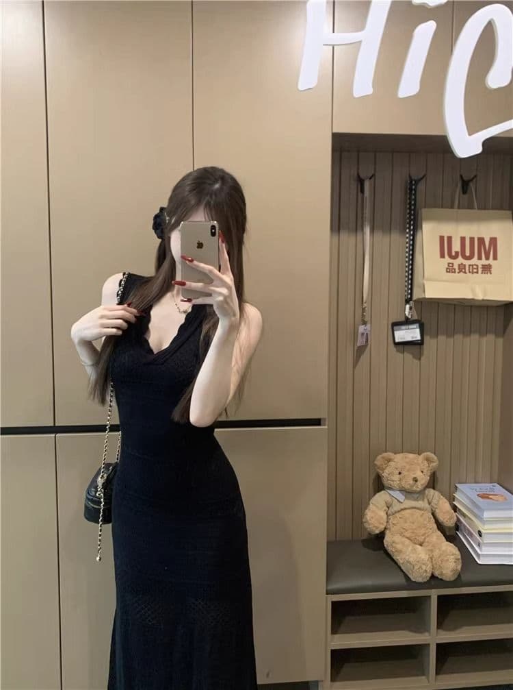 kumikumi 순수한 욕망 바람 섹시함 V넥 홀로우 아웃 조끼 얼음 실크 여성 드레스 여름 몸매 가꾸기 슬림해 보이는 ol 타이트 스커트 상세 이미지 18