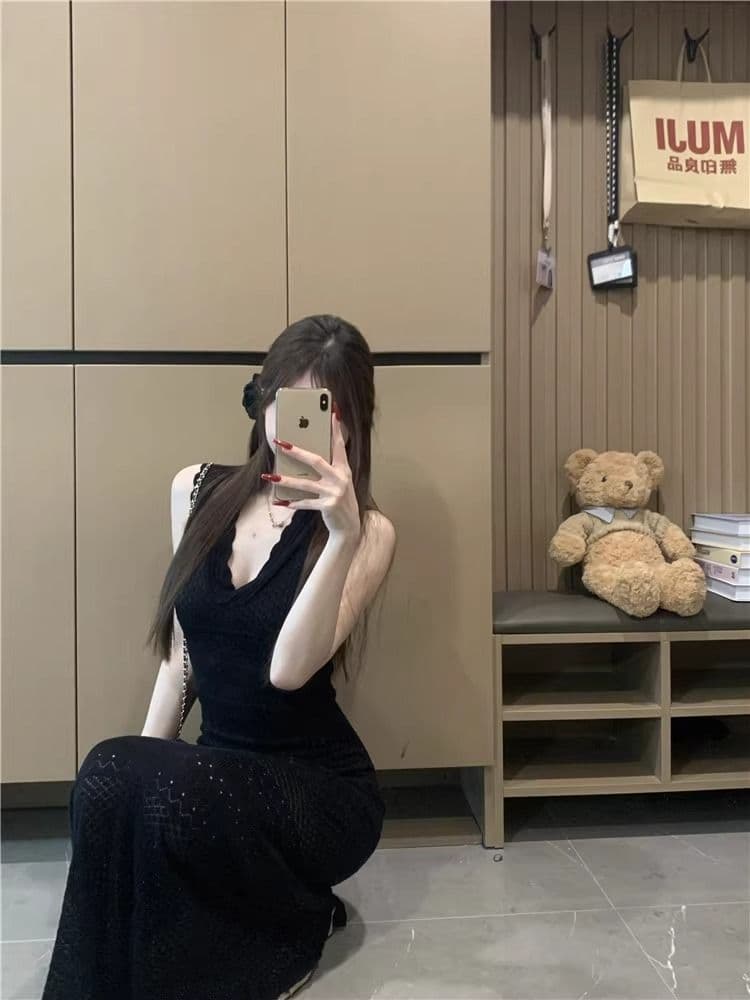 kumikumi 순수한 욕망 바람 섹시함 V넥 홀로우 아웃 조끼 얼음 실크 여성 드레스 여름 몸매 가꾸기 슬림해 보이는 ol 타이트 스커트 상세 이미지 19