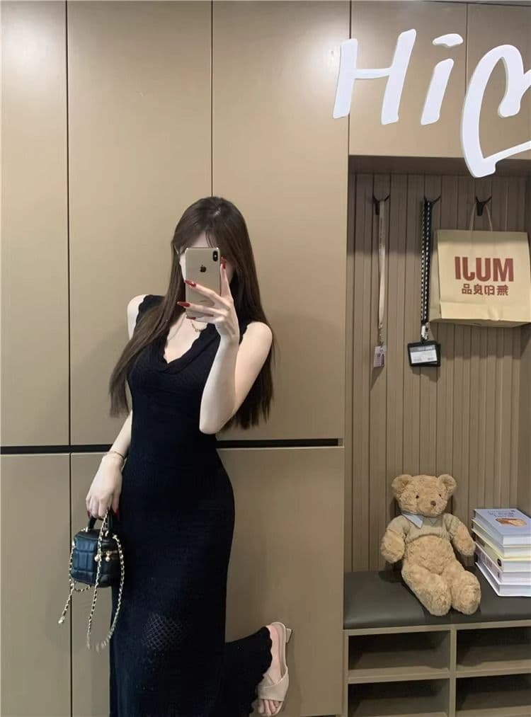 kumikumi 순수한 욕망 바람 섹시함 V넥 홀로우 아웃 조끼 얼음 실크 여성 드레스 여름 몸매 가꾸기 슬림해 보이는 ol 타이트 스커트 상세 이미지 20