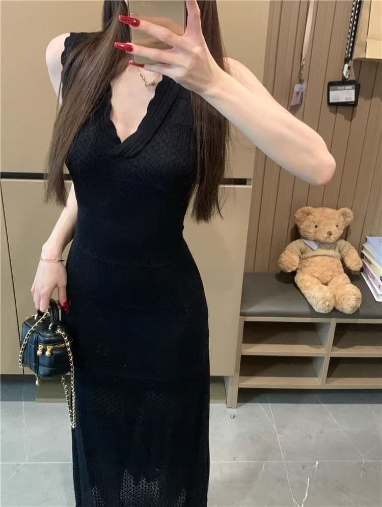 kumikumi 순수한 욕망 바람 섹시함 V넥 홀로우 아웃 조끼 얼음 실크 여성 드레스 여름 몸매 가꾸기 슬림해 보이는 ol 타이트 스커트 상세 이미지 22