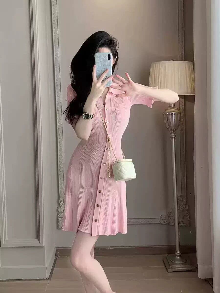 한국 작은 샤넬 스타일 소녀 분말 달콤함 셔츠 칼라 프릴 소매 허리 수축 인어 꼬리 우산 치마 니트 얼음 실크 드레스 이미지 2