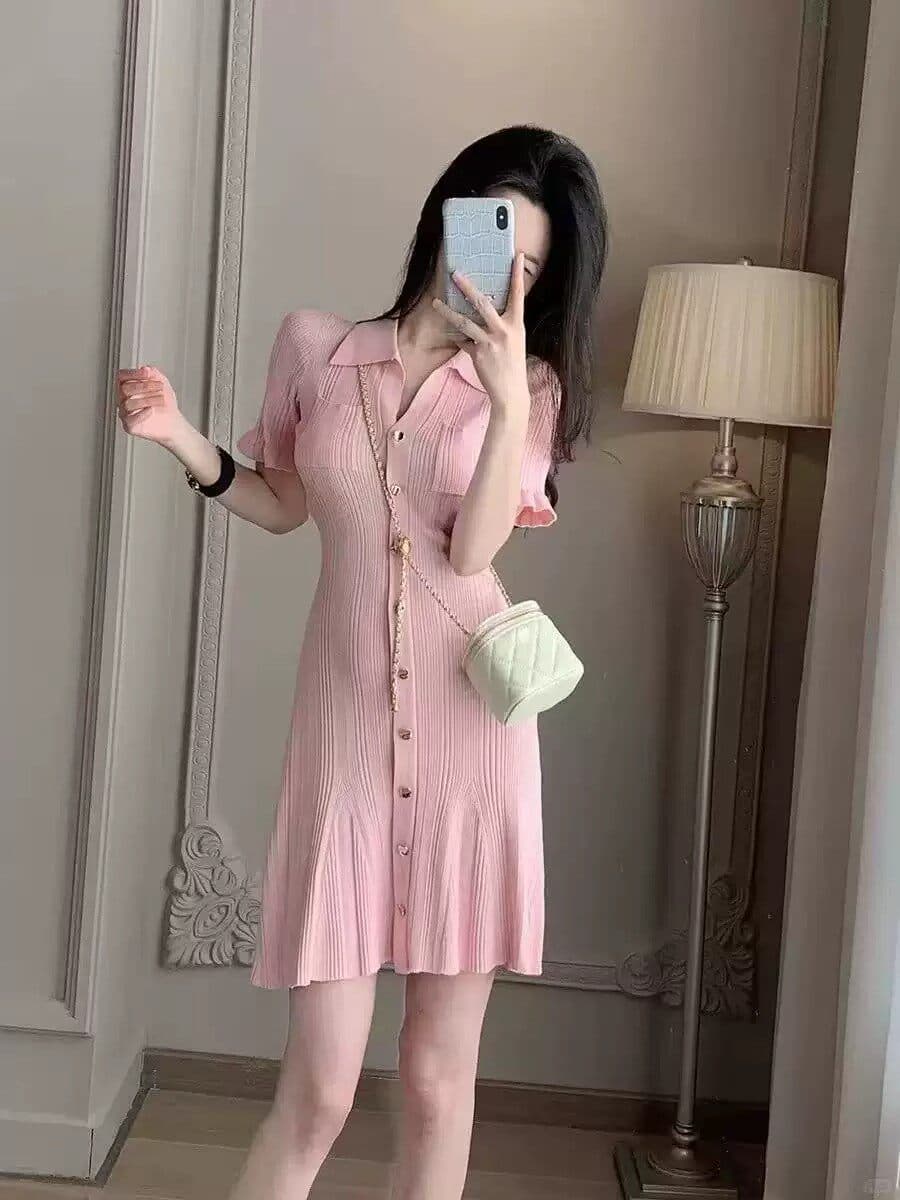 한국 작은 샤넬 스타일 소녀 분말 달콤함 셔츠 칼라 프릴 소매 허리 수축 인어 꼬리 우산 치마 니트 얼음 실크 드레스 상세 이미지 3