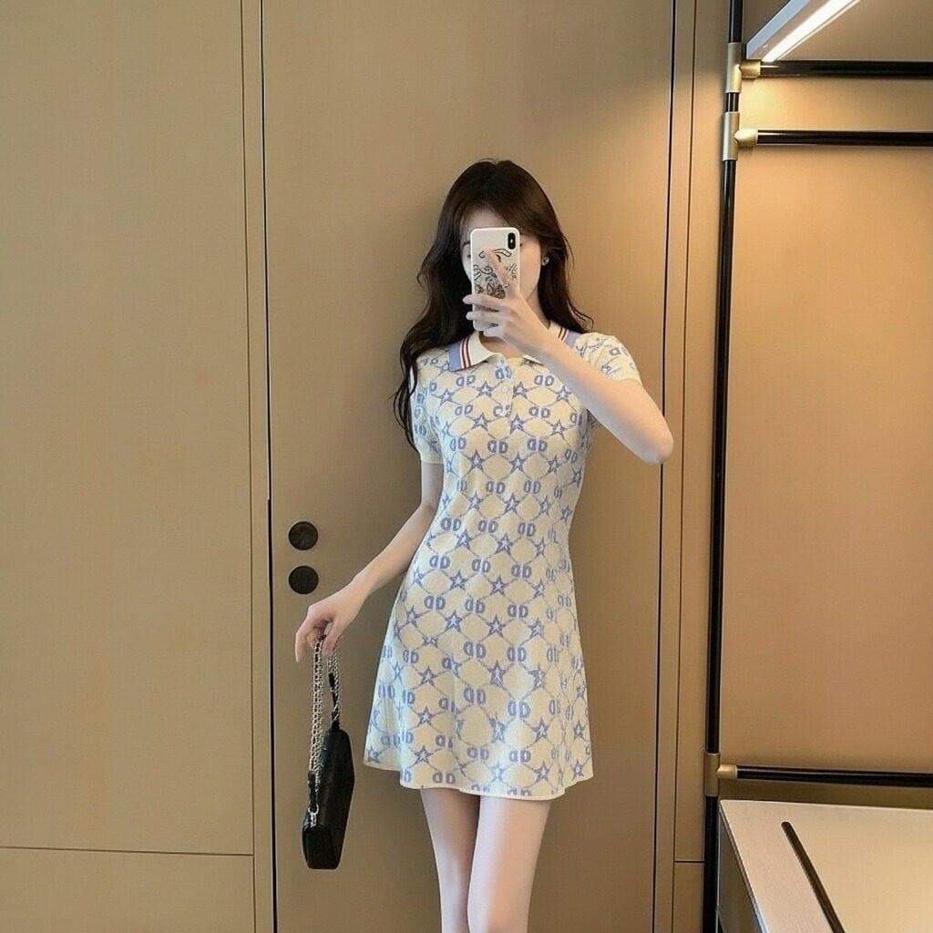 한국 품격 polo 폴로 칼라 부드러운 숙녀 학원 작은 샤넬 스타일 얼음 실크 드레스 프랑스식 패션 캐주얼 ol 치마 이미지 3