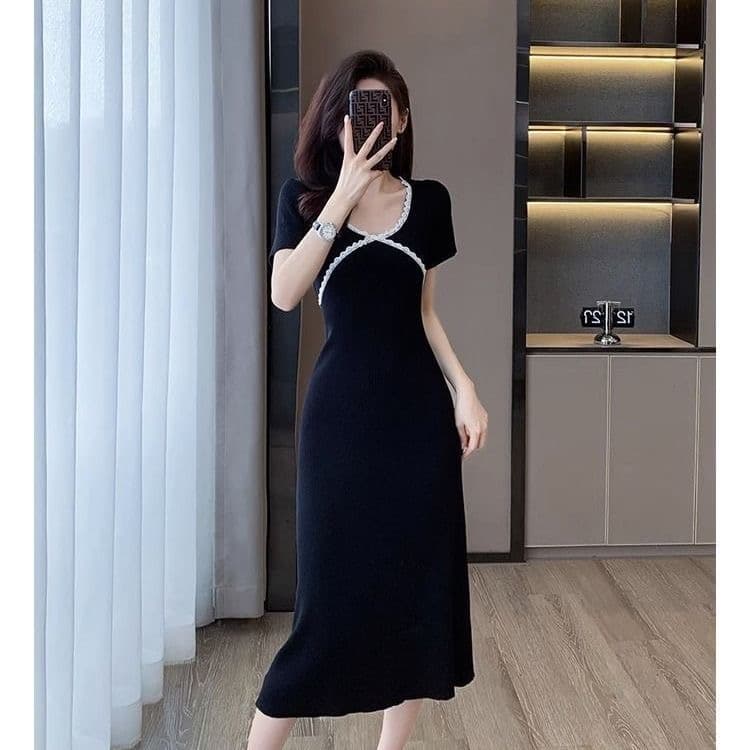 한국 홍콩 느낌 레트로 패션 부드러운 우아함 그는 벤 바람 얼음 실크 드레스 슬림해 보이는 디스플레이 높음 ol 허리 수축 작은 검은 드레스 이미지 2