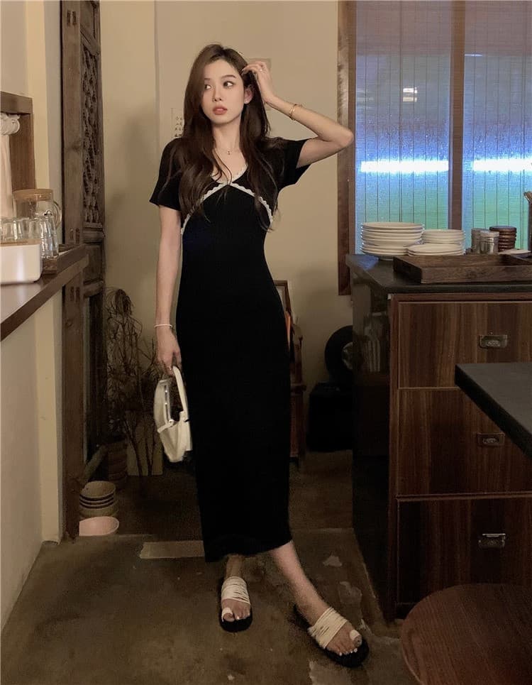 한국 달콤함 품격 부드러운 숙녀 패치워크 배색 그는 벤 바람 작은 검은 드레스 작은 키 첫사랑 얼음 실크 드레스 상세 이미지 13