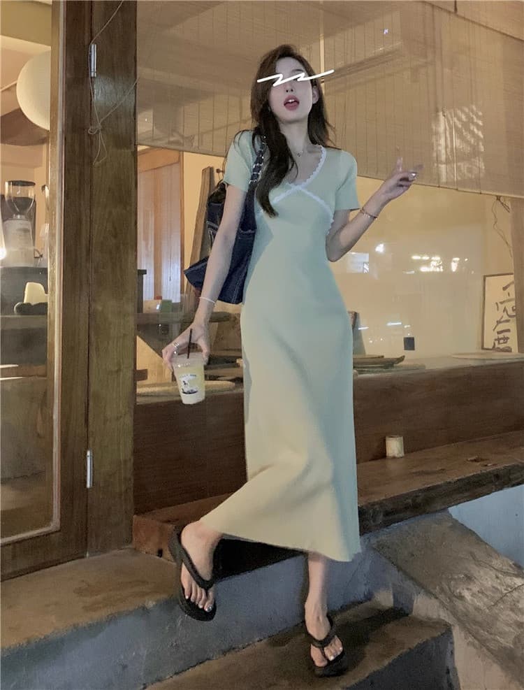 한국 품격 부드러운 숙녀 패치워크 배색 그는 벤 바람 작은 검은 드레스 작은 키 얼음 실크 드레스 해변 롱 스커트 상세 이미지 3