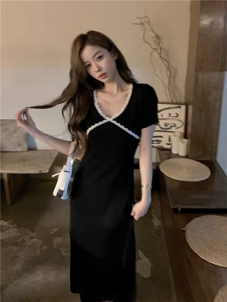 한국 품격 부드러운 숙녀 패치워크 배색 그는 벤 바람 작은 검은 드레스 작은 키 얼음 실크 드레스 해변 롱 스커트 상세 이미지 16