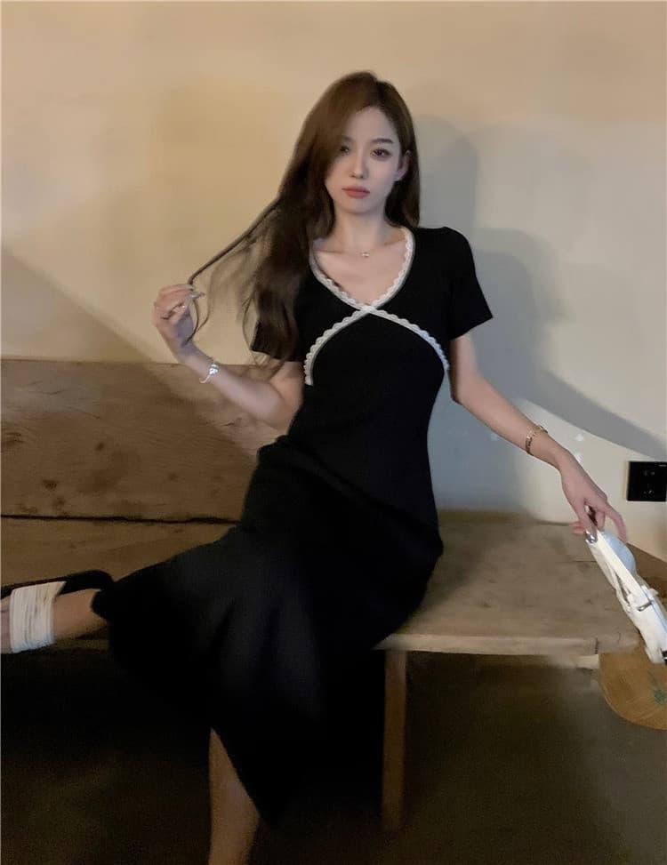 한국 품격 부드러운 숙녀 패치워크 배색 그는 벤 바람 작은 검은 드레스 작은 키 얼음 실크 드레스 해변 롱 스커트 상세 이미지 17