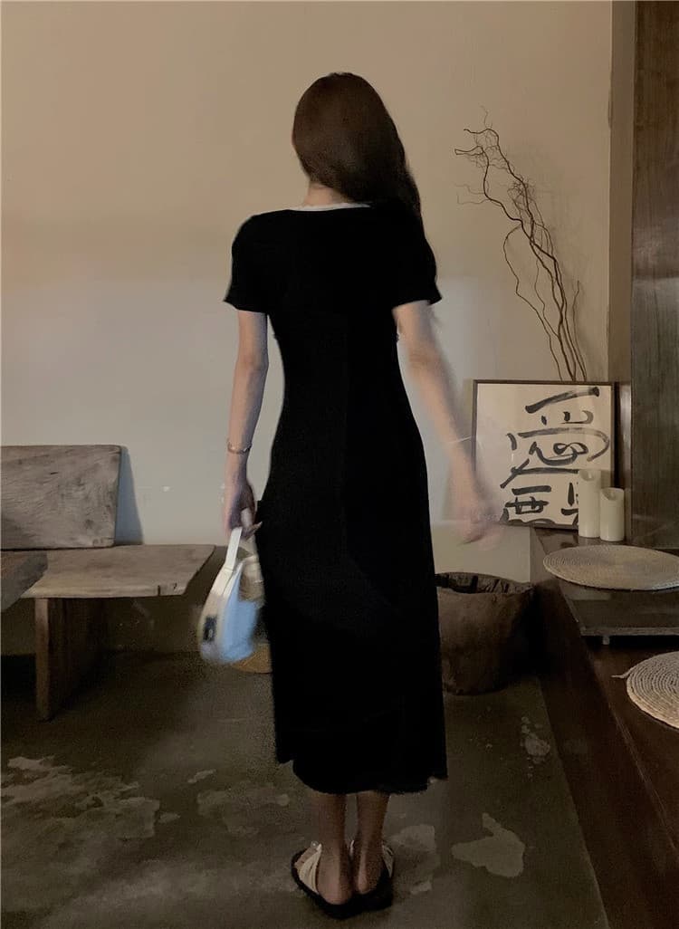 한국 품격 부드러운 숙녀 패치워크 배색 그는 벤 바람 작은 검은 드레스 작은 키 얼음 실크 드레스 해변 롱 스커트 상세 이미지 18