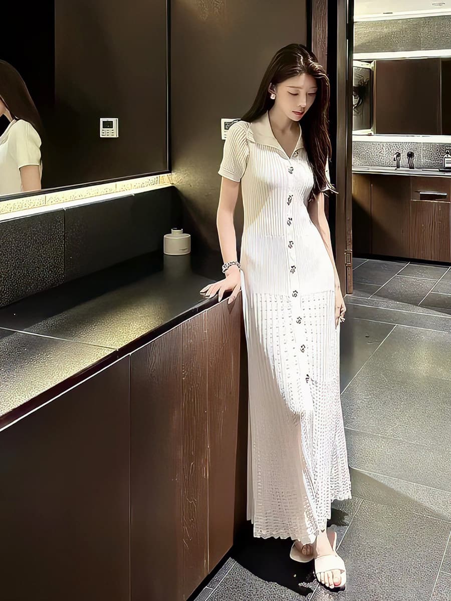 한국 품격 작은 샤넬 스타일 POLO 칼라 니트 얼음 실크 드레스 ol 타이트 스커트 해변가 휴가 해변 롱 스커트 그리고 알몸의 이미지 4