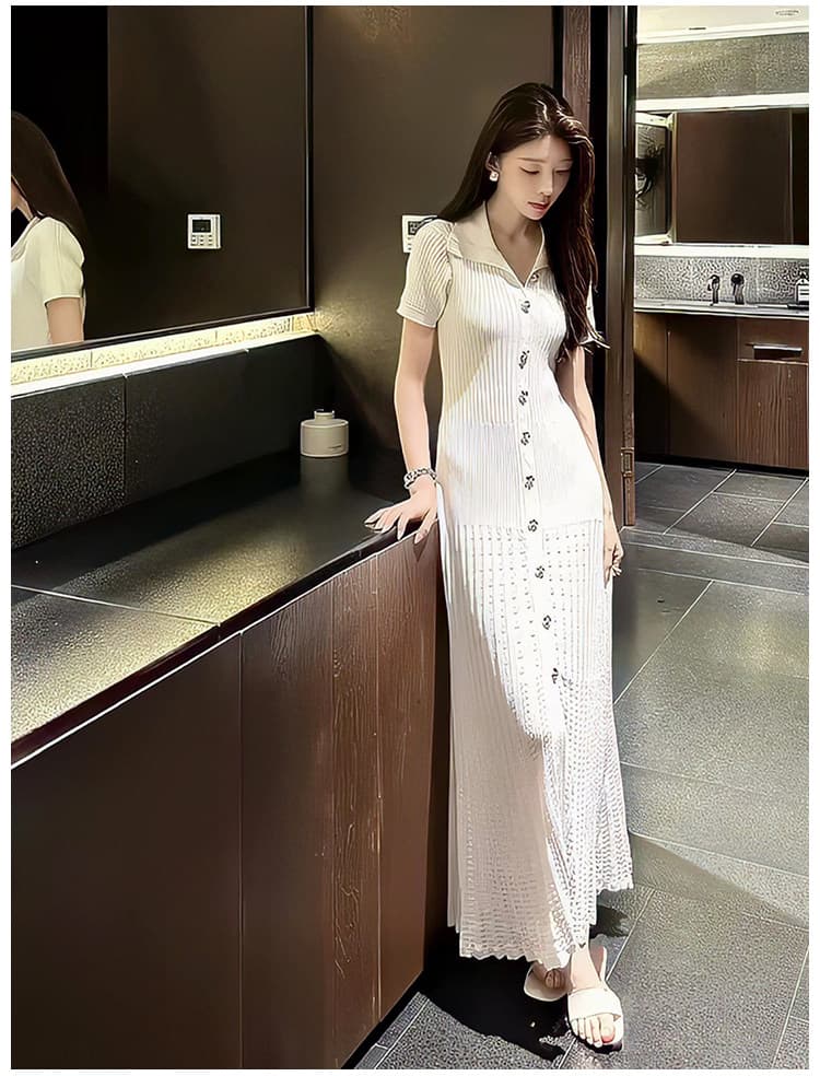 한국 품격 작은 샤넬 스타일 POLO 칼라 니트 얼음 실크 드레스 ol 타이트 스커트 해변가 휴가 해변 롱 스커트 그리고 알몸의 상세 이미지 5