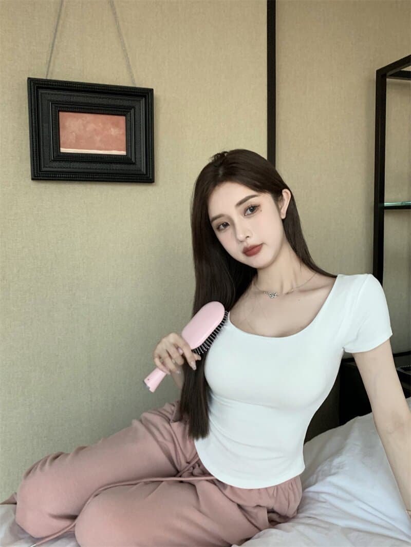 한국 동대문 불규칙 몸매 가꾸기 풀오버 반팔 티셔츠 여성 꼬집기 허리 슬림해 보이는 u 넥타이 가슴 패드 원피스 맨위 상세 이미지 4