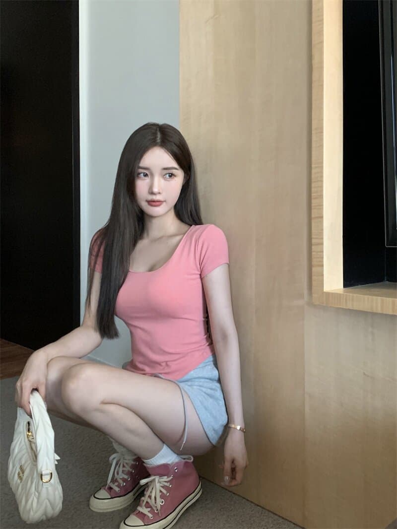 한국 동대문 불규칙 몸매 가꾸기 풀오버 반팔 티셔츠 여성 꼬집기 허리 슬림해 보이는 u 넥타이 가슴 패드 원피스 맨위 상세 이미지 8