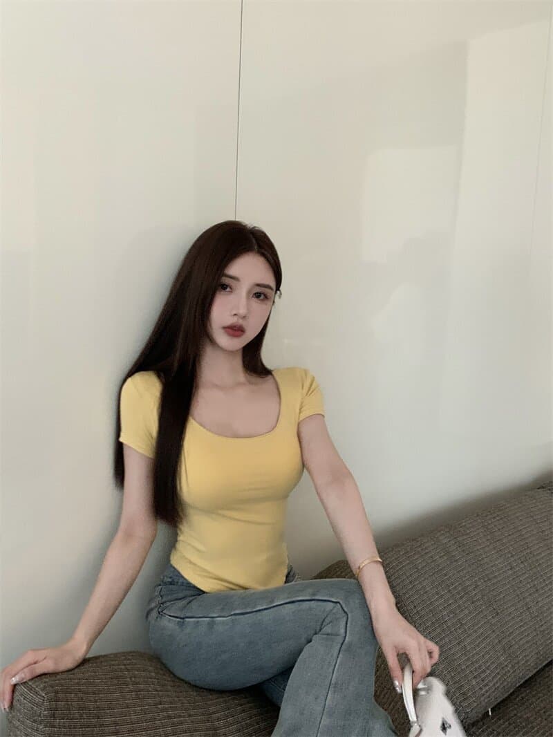 한국 동대문 불규칙 몸매 가꾸기 풀오버 반팔 티셔츠 여성 꼬집기 허리 슬림해 보이는 u 넥타이 가슴 패드 원피스 맨위 상세 이미지 13