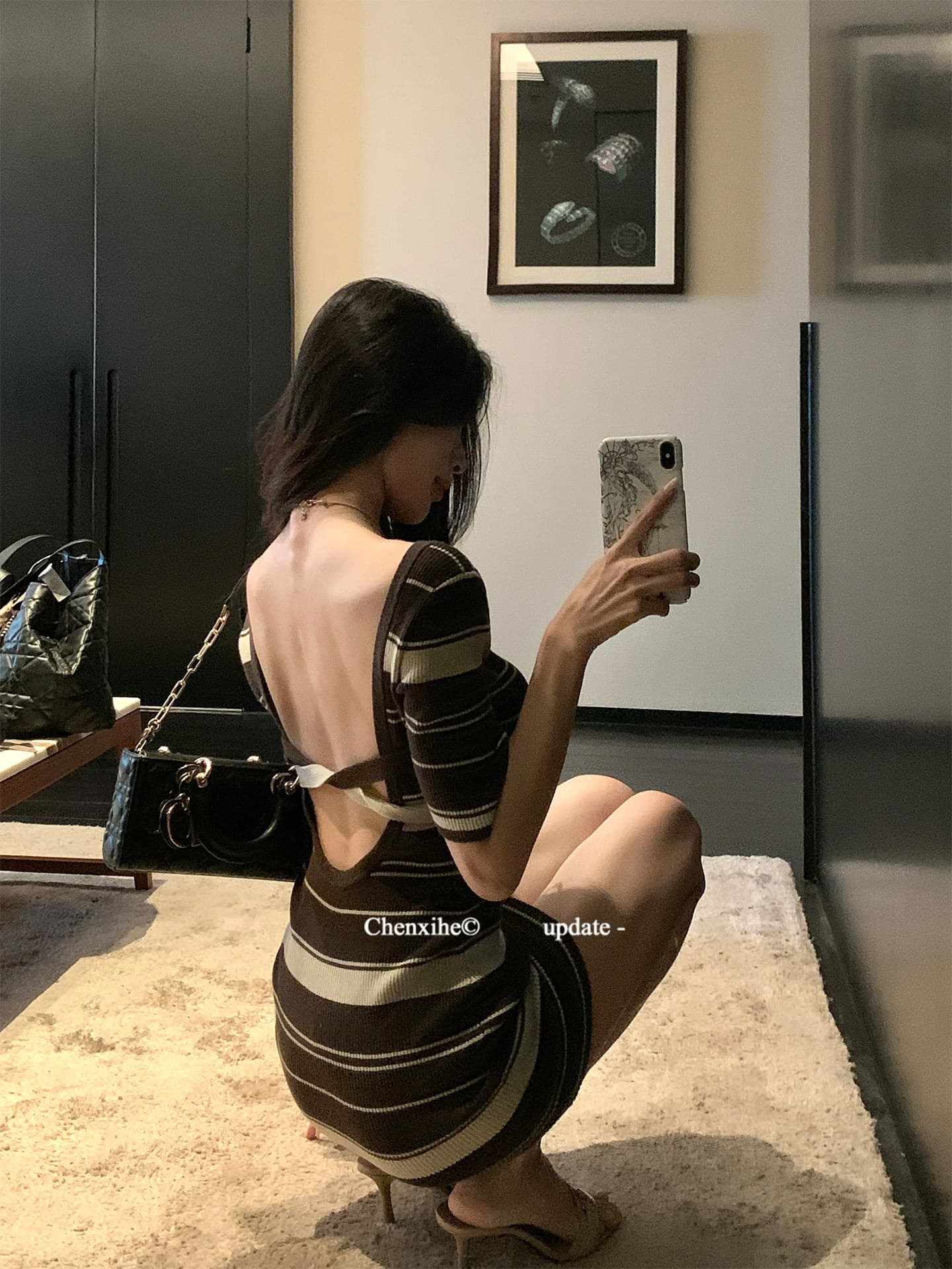 한국 그는 아침 홍콩 느낌 레트로 십자가 백리스 스트라이프 드레스 작은 심장 기계 나이트 클럽 달콤한 매운맛 바람 ol 타이트 스커트 이미지 3