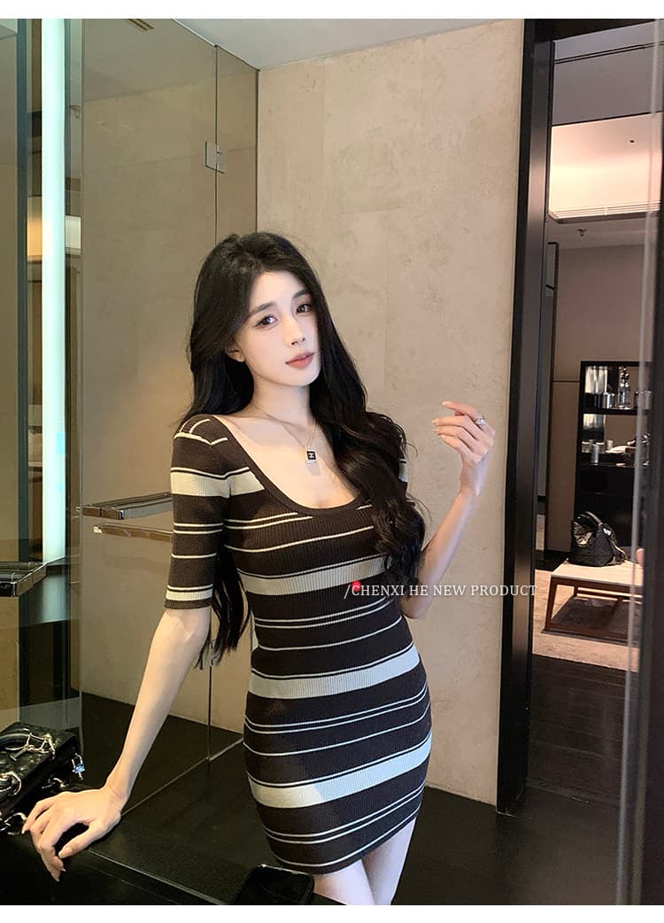 한국 그는 아침 홍콩 느낌 레트로 십자가 백리스 스트라이프 드레스 작은 심장 기계 나이트 클럽 달콤한 매운맛 바람 ol 타이트 스커트 상세 이미지 17