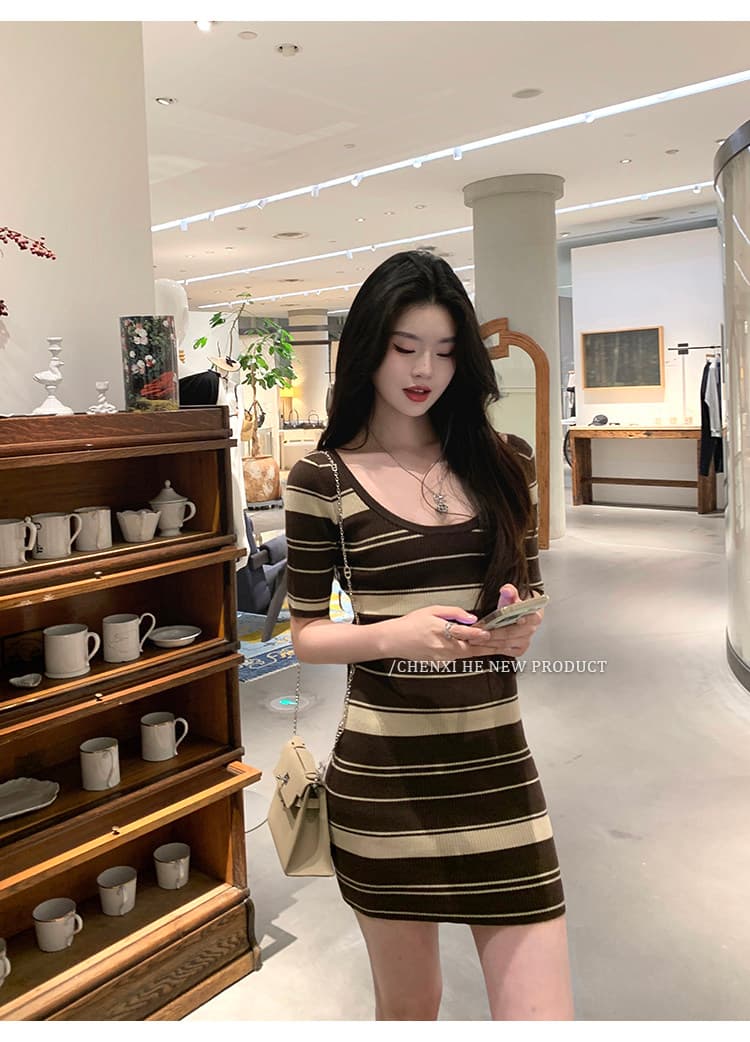 한국 그는 아침 홍콩 느낌 레트로 십자가 백리스 스트라이프 드레스 작은 심장 기계 나이트 클럽 달콤한 매운맛 바람 ol 타이트 스커트 상세 이미지 35