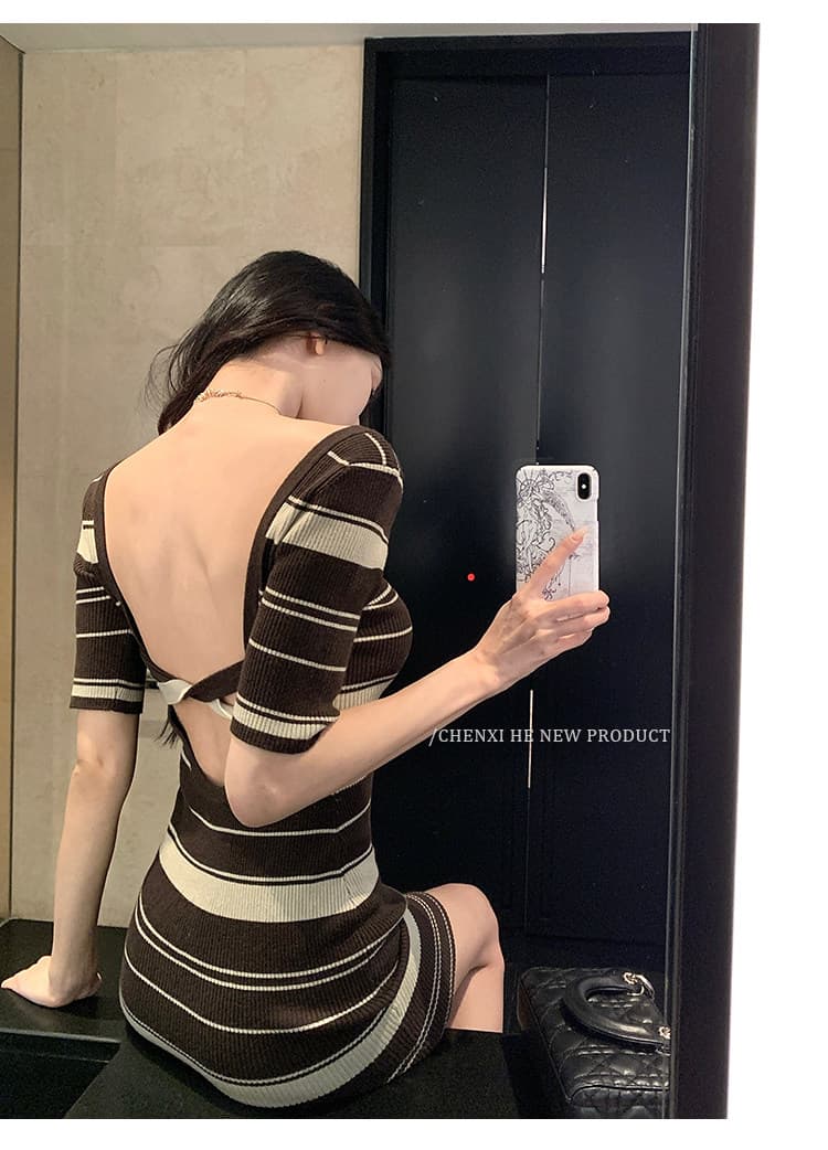 한국 그는 아침 홍콩 느낌 레트로 십자가 백리스 스트라이프 드레스 작은 심장 기계 나이트 클럽 달콤한 매운맛 바람 ol 타이트 스커트 상세 이미지 39