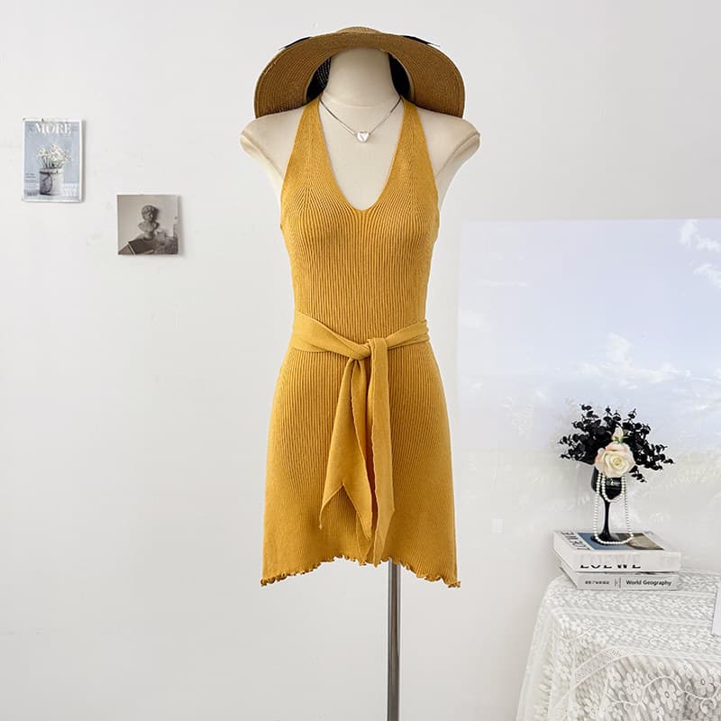 한국 품격 행침 목 레이스업 V넥 얼음 실크 드레스 작은 키 심장 기계 달콤한 매운맛 바람 허리 수축 슬림해 보이는 타이트 스커트 이미지 4