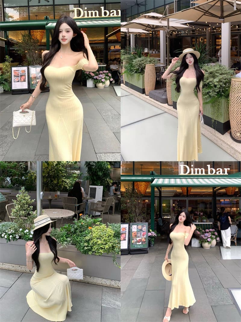 한국 얼음 실크 드레스 고급 센스 천 골드 명문 여성 품격 순수한 욕망 바람 보트넥 오프숄더 허리 수축 타이트 스커트 롱 스커트 상세 이미지 14