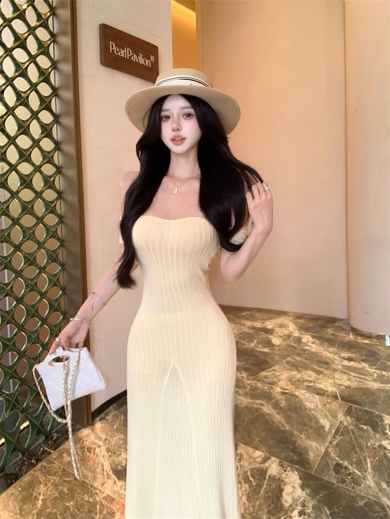 한국 얼음 실크 드레스 고급 센스 천 골드 명문 여성 품격 순수한 욕망 바람 보트넥 오프숄더 허리 수축 타이트 스커트 롱 스커트 상세 이미지 17