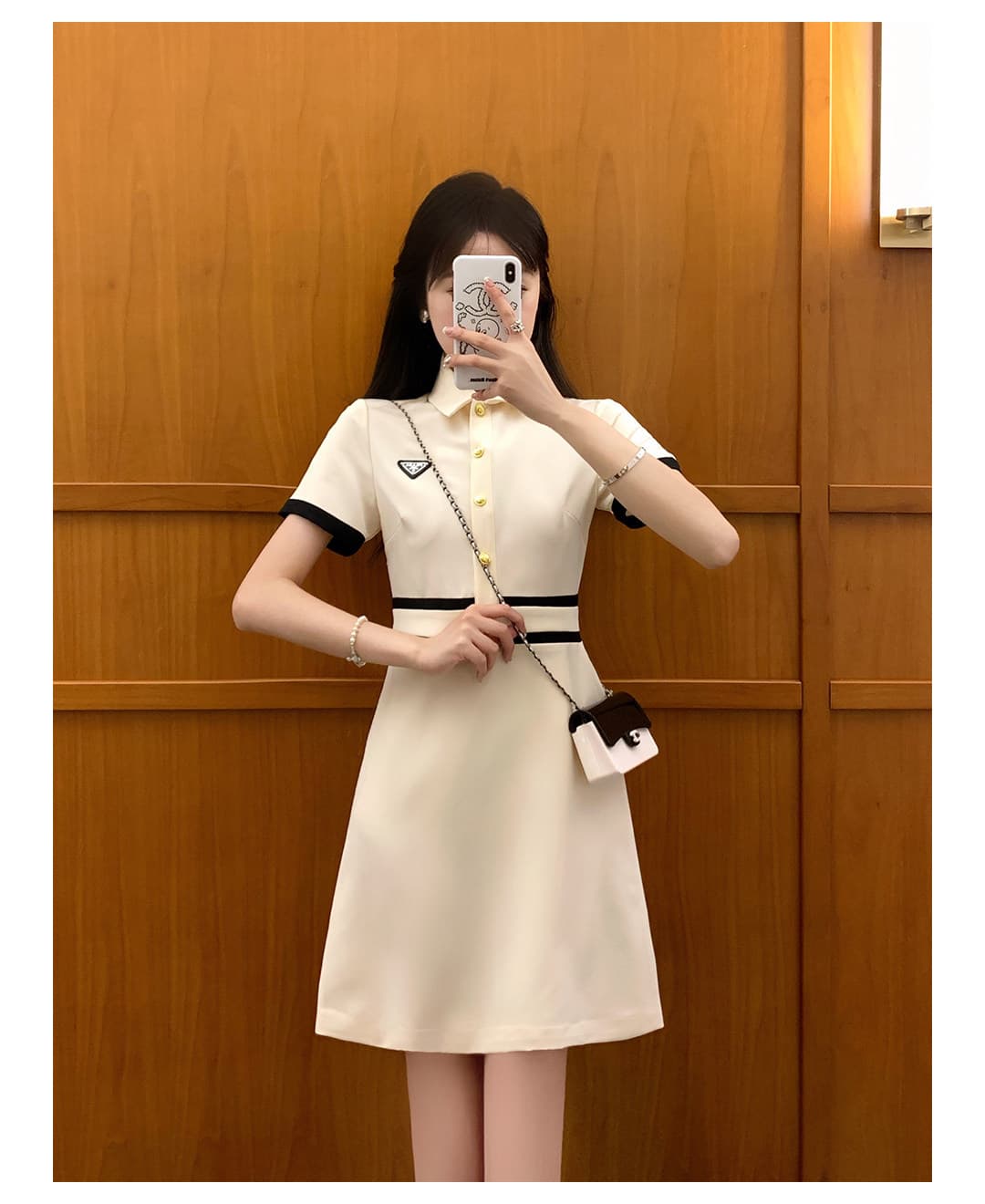 한국 품격 명문 여성 홍콩 느낌 레트로 작은 샤넬 스타일 polo 폴로 칼라 얼음 실크 니트 드레스 그는 벤 바람 작은 검은 드레스 상세 이미지 10