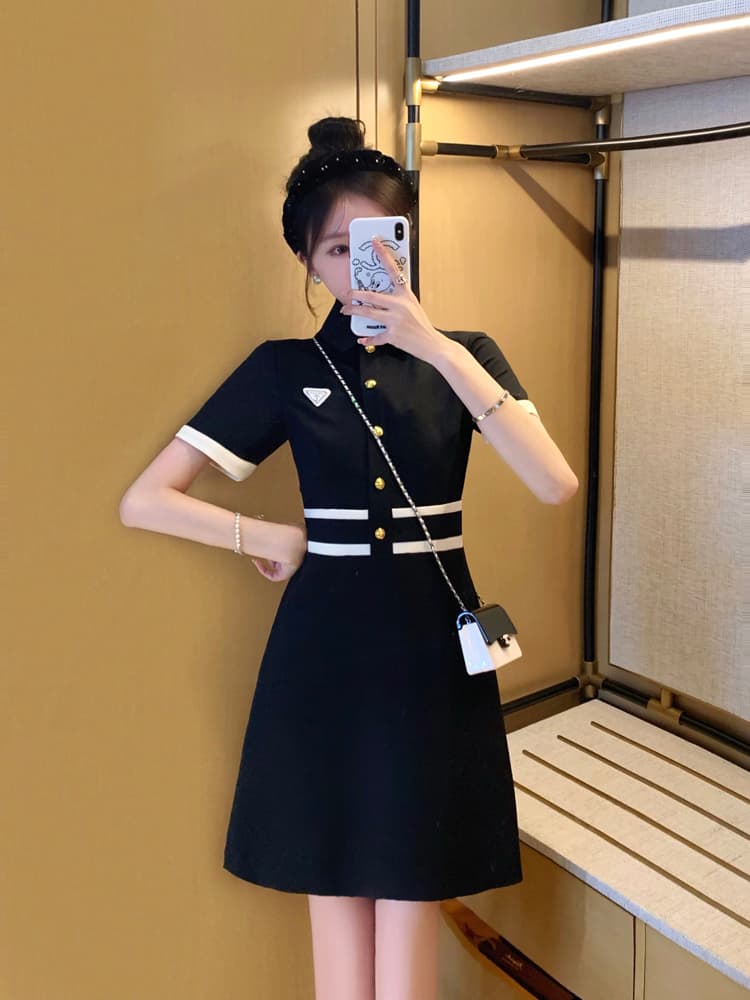 한국 품격 명문 여성 홍콩 느낌 레트로 작은 샤넬 스타일 polo 폴로 칼라 얼음 실크 니트 드레스 그는 벤 바람 작은 검은 드레스 이미지 3