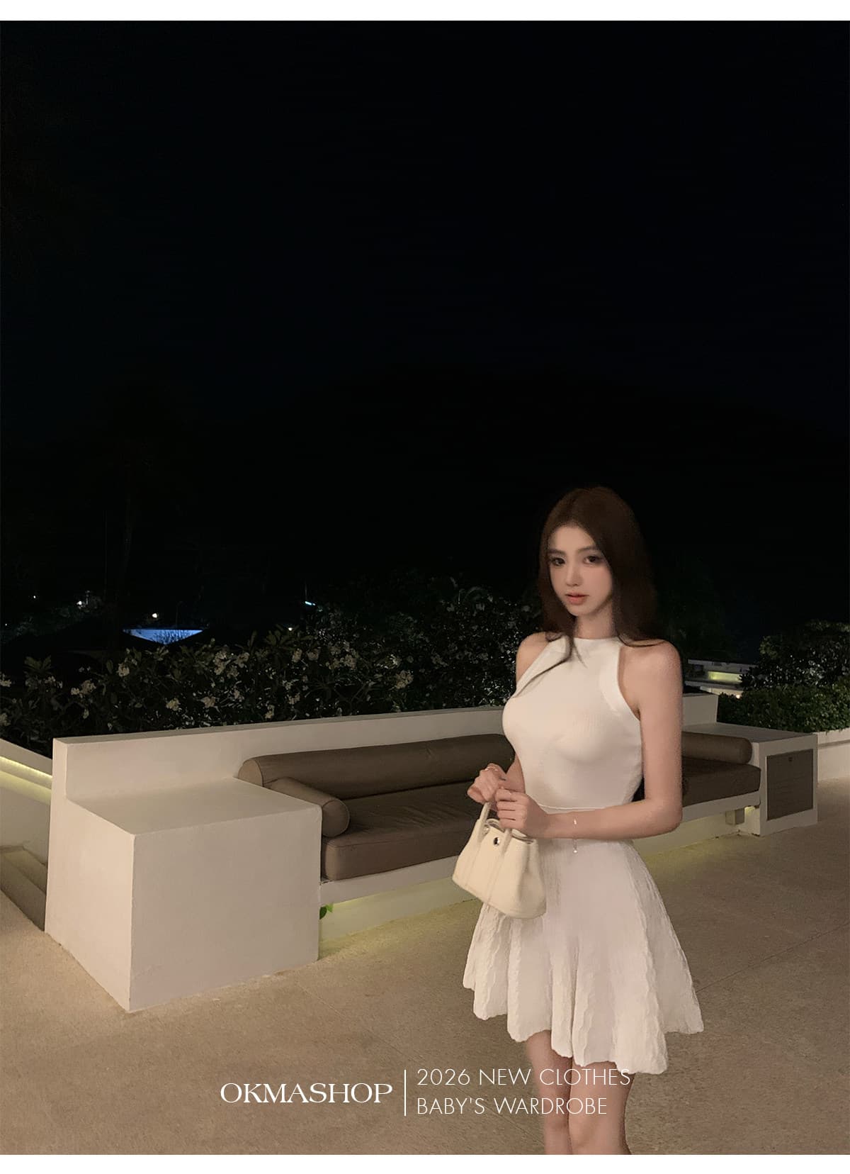 okmashop 순수한 흰색 사랑 행침 목 얼음 실크 여성 드레스 여름 품격 고급 센스 몸매 가꾸기 허리 수축 치마 상세 이미지 9