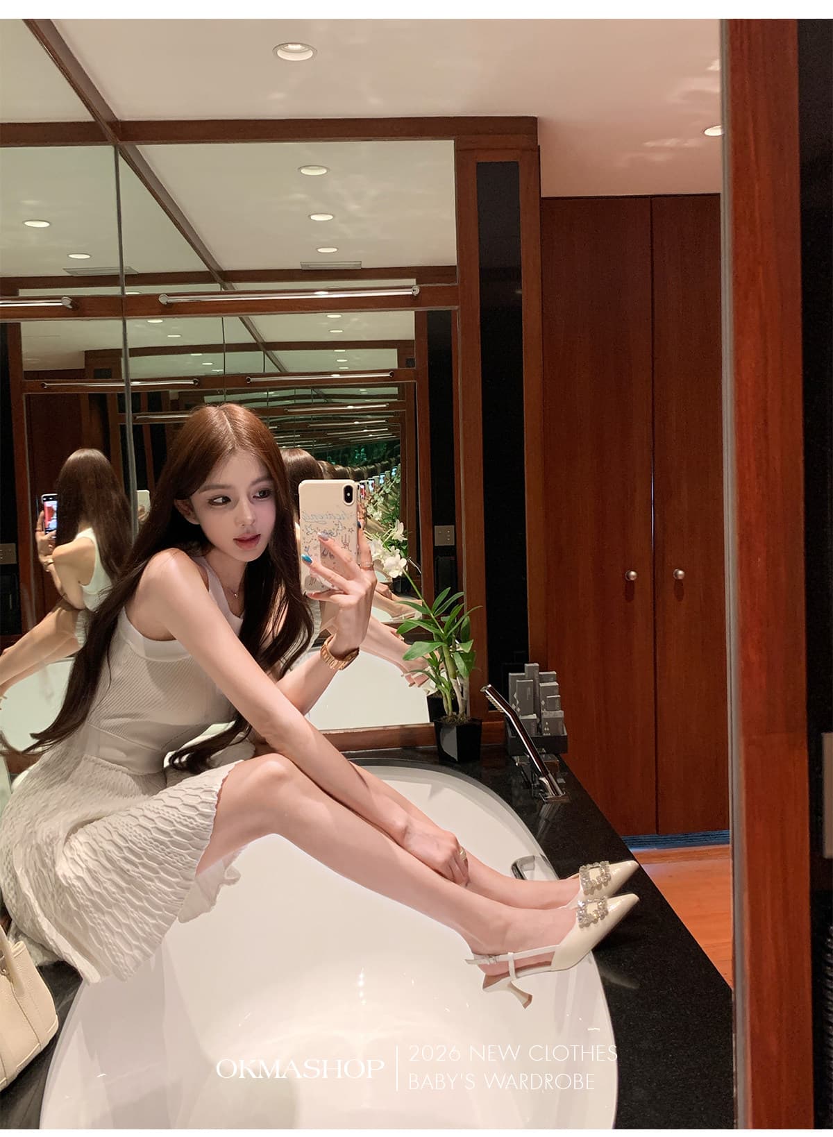okmashop 순수한 흰색 사랑 행침 목 얼음 실크 여성 드레스 여름 품격 고급 센스 몸매 가꾸기 허리 수축 치마 상세 이미지 10