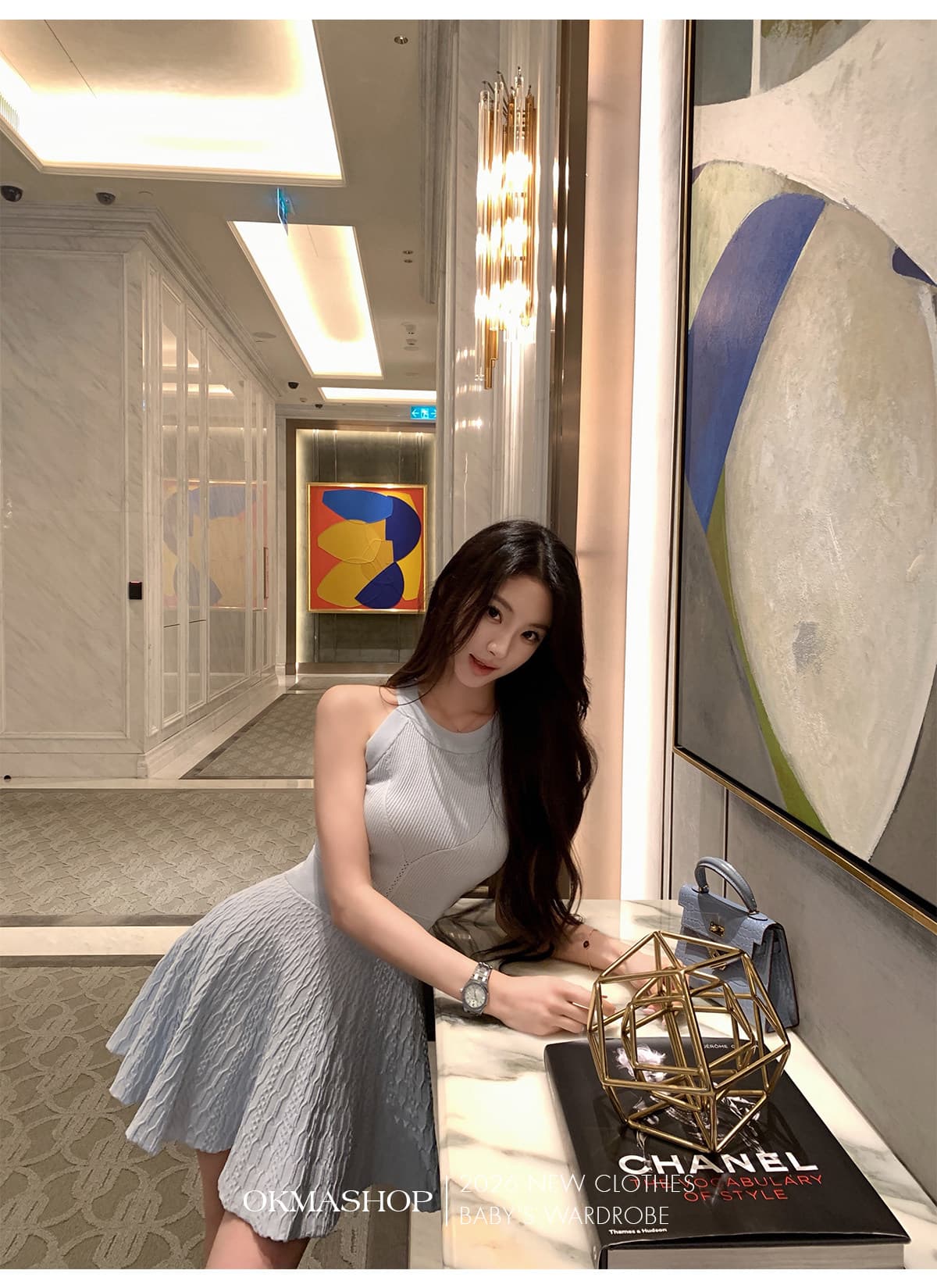 okmashop 순수한 흰색 사랑 행침 목 얼음 실크 여성 드레스 여름 품격 고급 센스 몸매 가꾸기 허리 수축 치마 상세 이미지 12